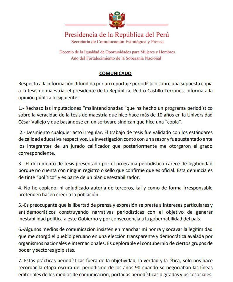Pedro Castillo cuestiona informe que acusa de plagio en su tesis.