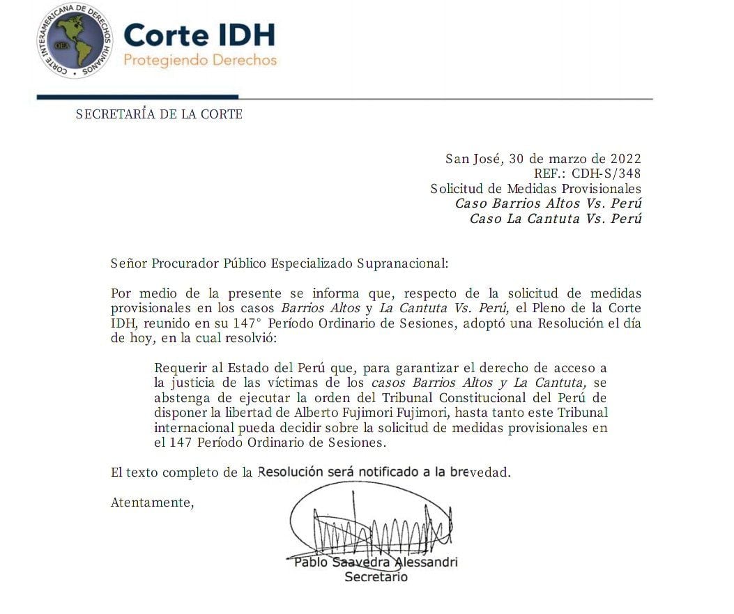 Documento emitido por la Corte IDH sobre el fallo del TC a favor del expresidente Alberto Fujimori. (Foto: Corte IDH)