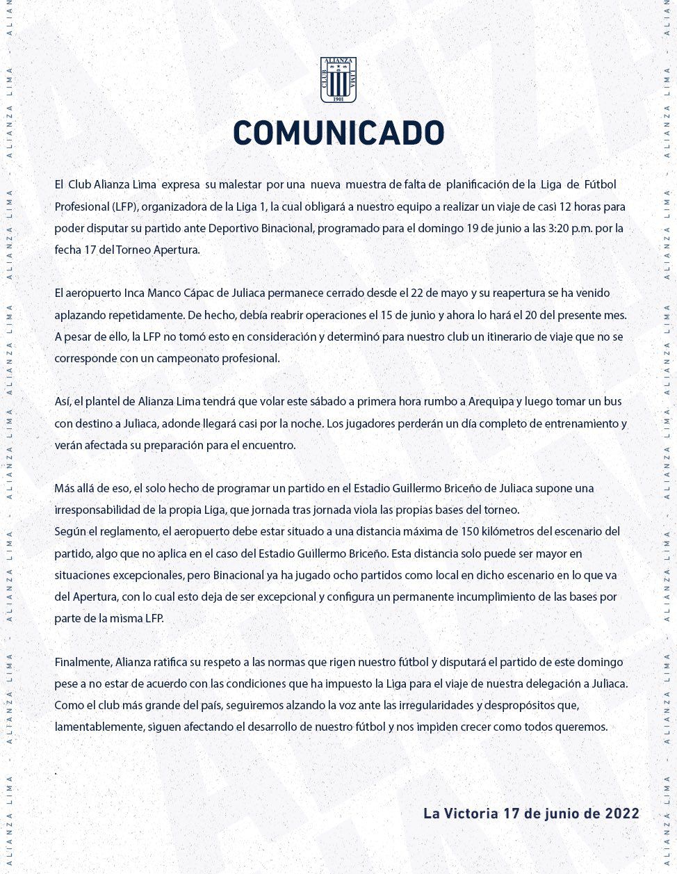 Alianza Lima envió comunicado respecto al duelo con Binacional.