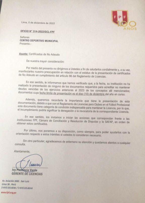 La FPF le dio un ultimátum a Deportivo Municipal. Foto: Ovación.