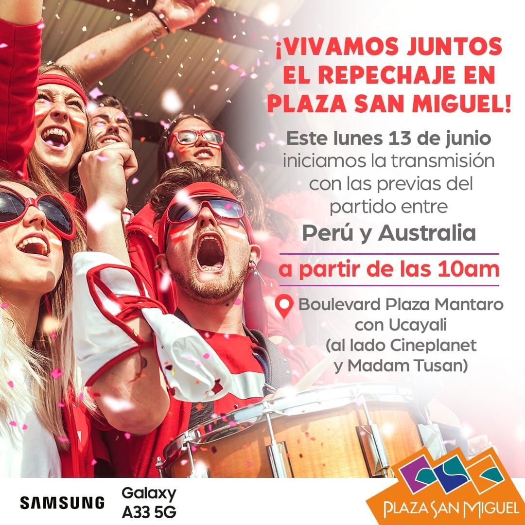 Plaza San Miguel invita a ver en vivo el repechaje Perú vs Australia.