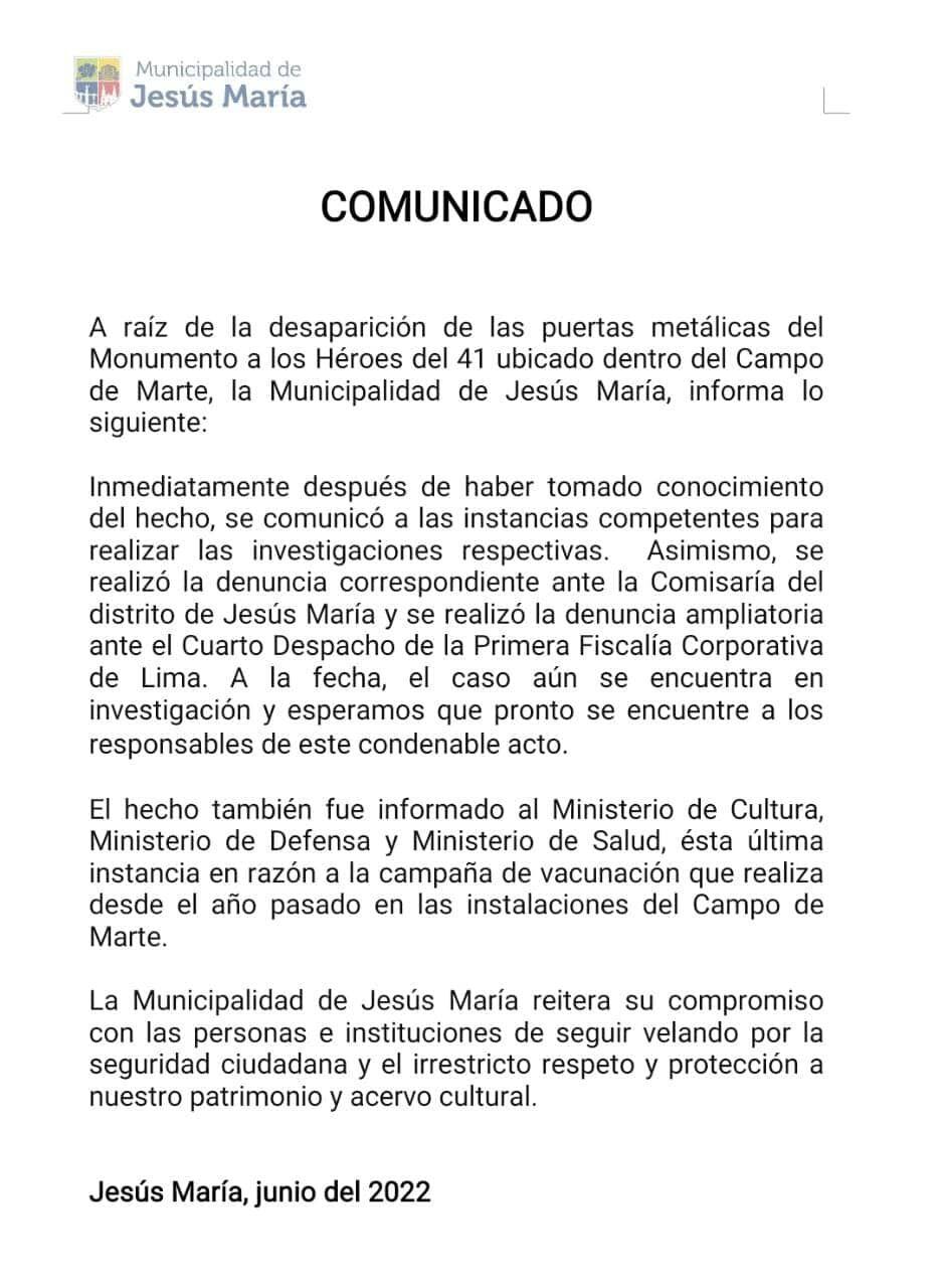 Comunicado de la Municipalidad de Jesús María sobre desaparición de puertas del Monumento a los Héroes del 41.