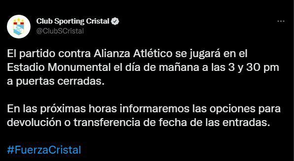 Sporting Cristal jugará contra Alianza Atlético en el estadio Monumental. (Foto: Twitter)
