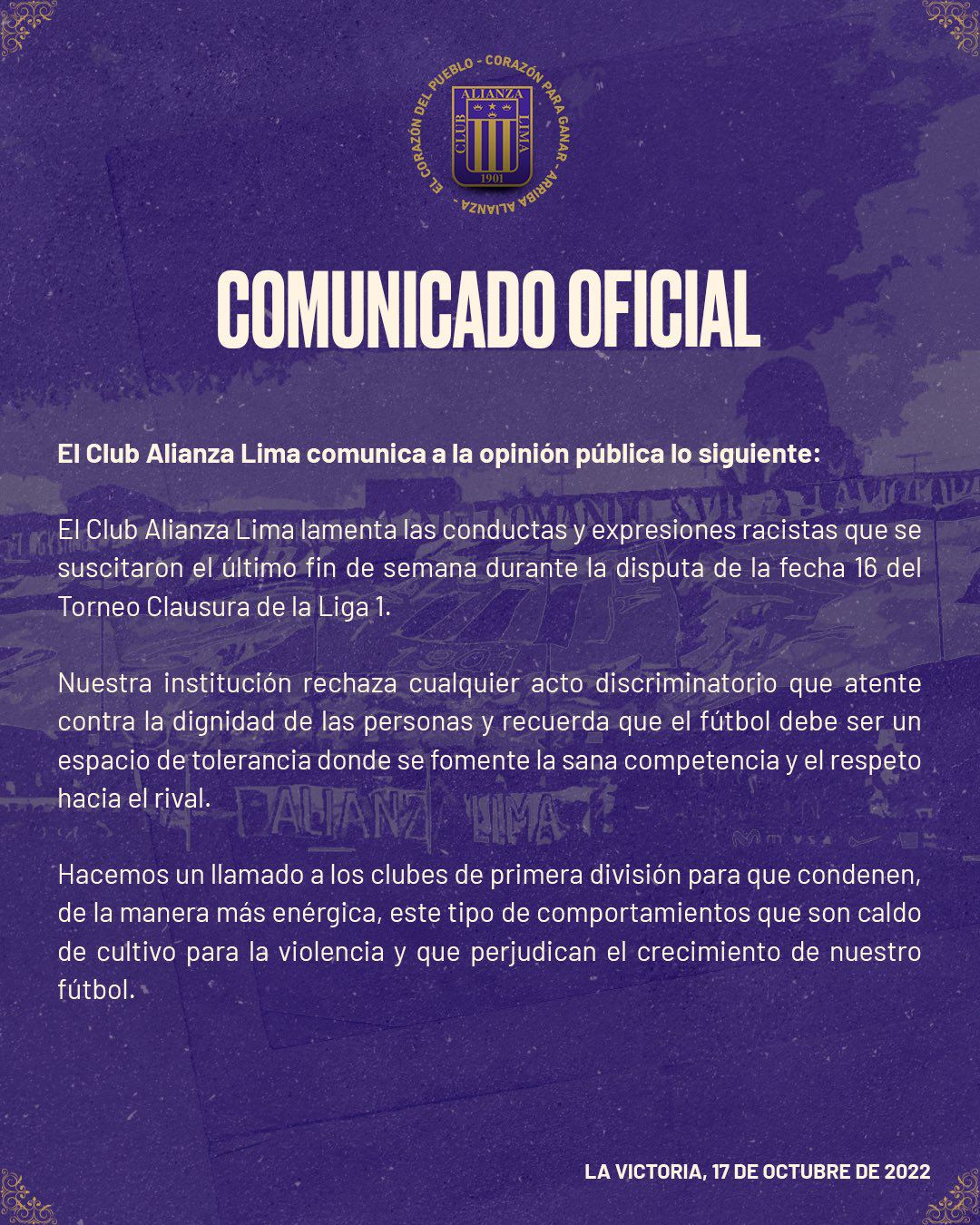Alianza Lima envió comunicado condenando los actos racistas en la Liga 1.