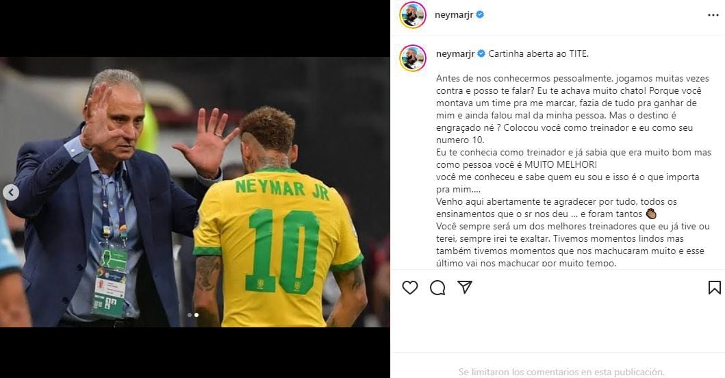 El sentido mensaje de Neymar en Instagram dedicado a Tite.