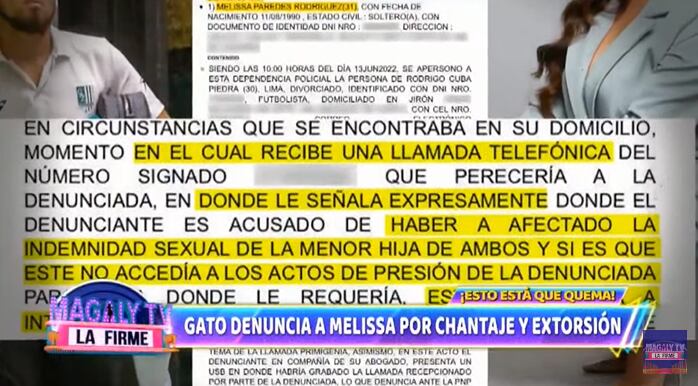 Detalles sobre la denuncia de Rodrigo ‘Gato’ Cuba a Melissa Paredes por chantaje y extorsión. (Foto: Captura ATV). 