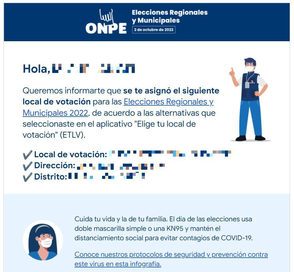 ONPE envió correo para confirmar local de votación.