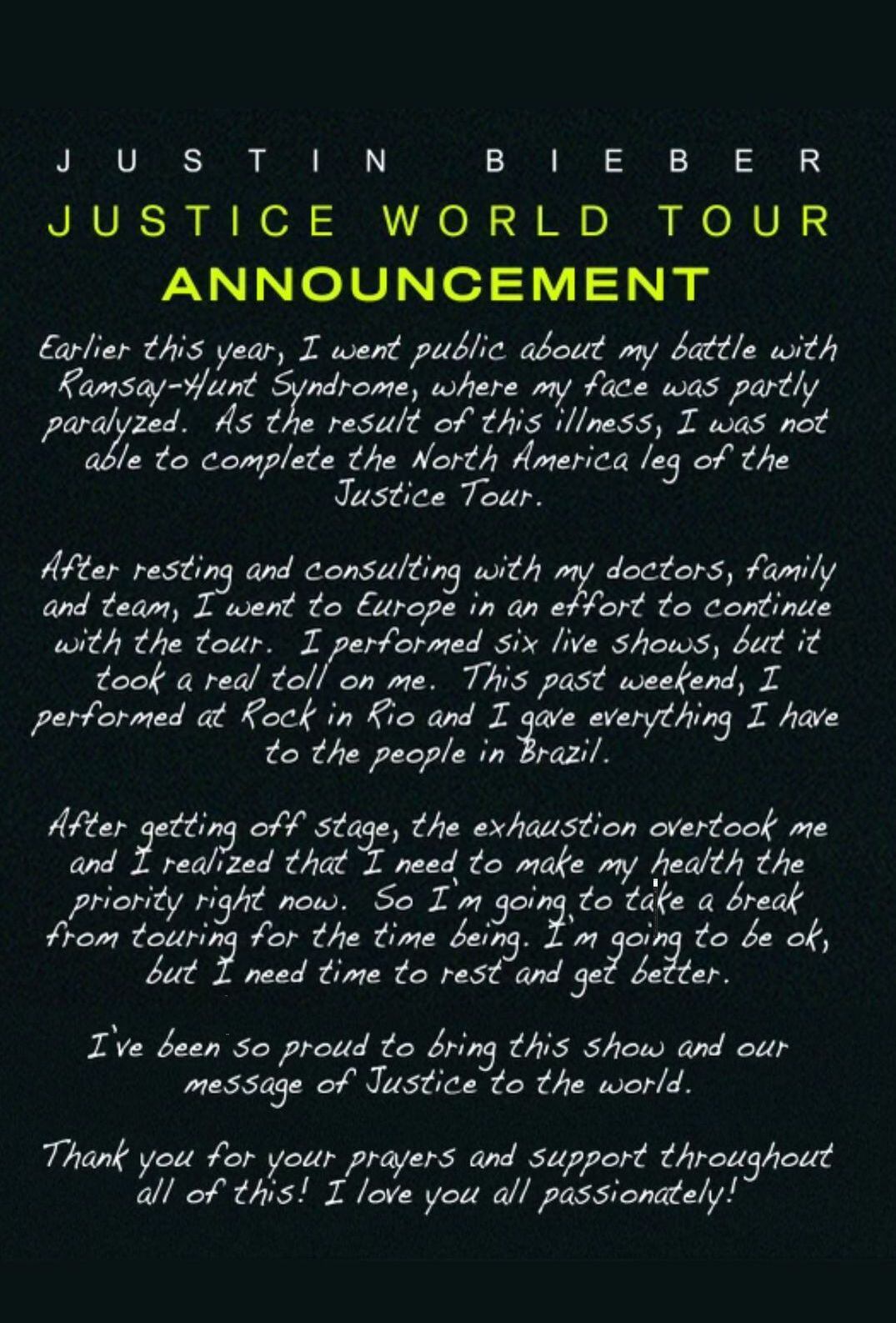 Justin Bieber hará una pausa en su “Justice World Tour” por motivos de salud. (Foto: Instagram)
