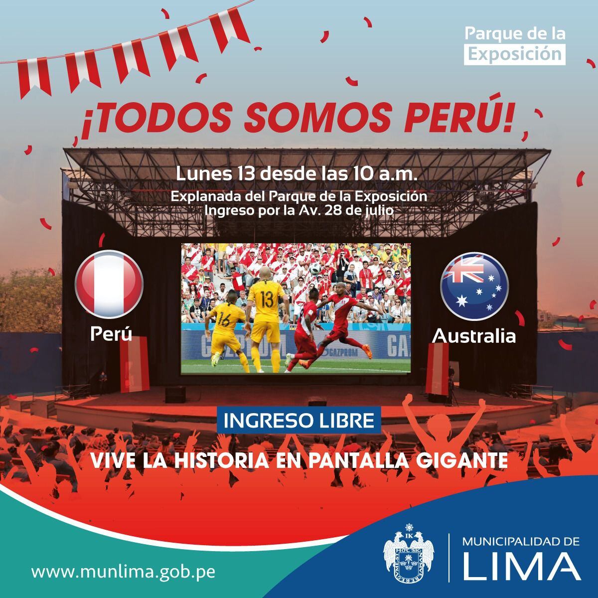 Perú vs. Australia se transmitirá en pantalla gigante en el Parque de la Exposición.